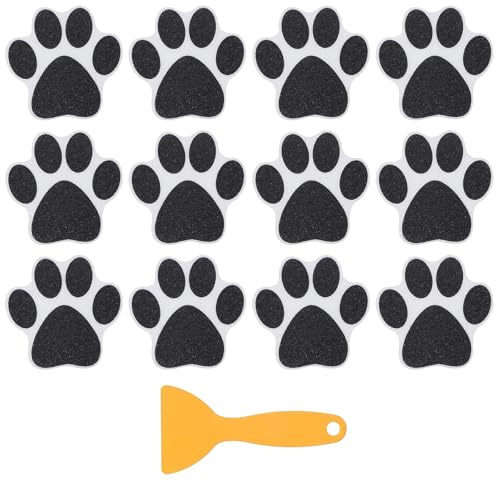PATIKIL 12 Pcs Non Slip Bathtub Stickers, Anti Slip Shower Stickers with Scraper Bathroom Shower Floor Decals Paw Footprint Cute Treads Tubs, Black