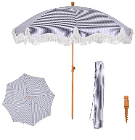 PHI VILLA Sonnenschirm Balkon Sonnenschutz 200 cm Knickbar Rund mit Fransen, Boho Strandschirm Garten Windbeständig Sonnenschirme Balkonschirm mit Erdspieß für Terrasse, UPF 50+, Blaue mit Streifen