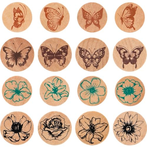 Syrvnto 16 stycken trä lärare stämplar fjäril blommor motiv trästämplar set för gör-det-själv dagbok, scrapbooking, kortpyssel, belöning beröm cylinderstämpel med svart stämpelkudde
