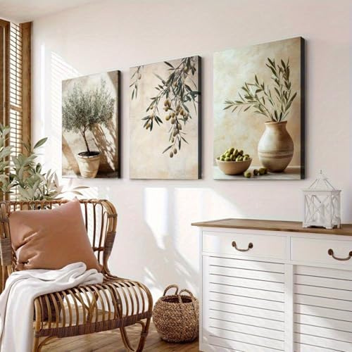 Juego de 3 pósteres, cuadros de olivo, lienzos de plantas mediterráneas, decoración de pared boho en tonos beige y verde, póster de arte moderno para salón y dormitorio, sin marco (50 x 70 cm)