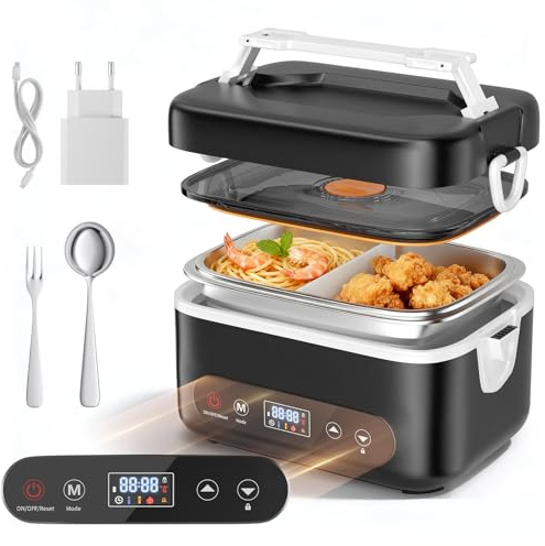 TLPEMN Scaldavivande Elettrico Portatile, 1,2L Porta Pranzo Riscaldabile con Touch Screen, Scalda Vivande Portatile Elettrico con Stoviglie in Acciaio Inossidabile e Borsa Termica per Auto Ufficio