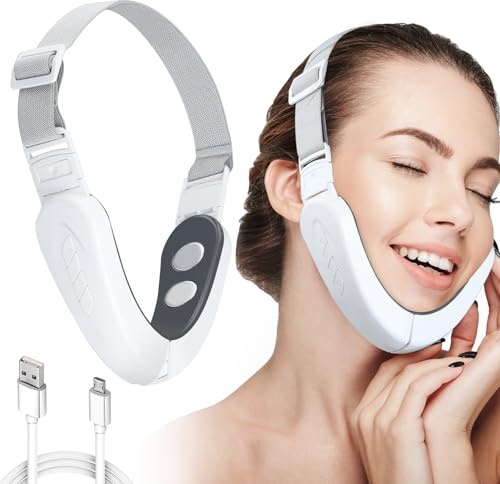V-Face Shaping Massager Electric,EMS Double Chin Reducer,Microcurrent Face Lift Device,45°C Red Blue Light Therapy LED SkinTightening Machine,Jawline Exerciser with 3 Modes (M)