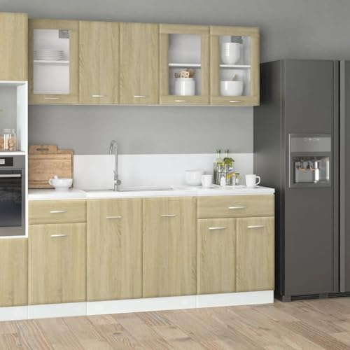 Tonture Set di 4 mobili da cucina Lyon in rovere Sonoma, con cassetto, armadietto sospeso, vetrina, per cucina, sala da pranzo, piano di lavoro