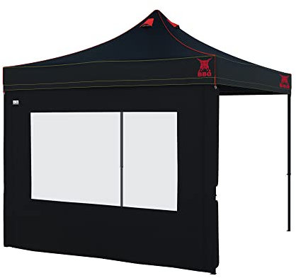 paramondo Premium Plus Grillpavillon Grillzelt, Wind- & Wasserdicht, Schwer Entflammbar 4 Rauchabzüge Schwarz inkl. 1x Fensterwand Schwarz, 3 x 3 m