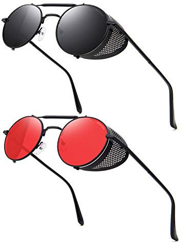 RONSOU Steampunk Style Round Vintage Sunglasses Retro Eyewear UV400 Protection Matel Frame Gray & Red Lens