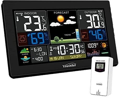 Youshiko XL YC9445 (Official 2024 UK Version) Weather Station Radio Controlled Clock, Indoor Outdoor Temperature, Humidity, Barometric Pressure, Sunrise/Sunset Times