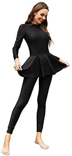 Women Muslim Swimsuits Modest Swimwear Islamic Burkini Full Body Cover Muslim Dress Top Swimming Pants One Piece Athletic Rash Guard Long Sleeve Surfing Wet Suits Sun Protection Black L