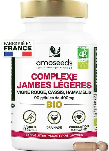 Jambes Légères BIO | Circulation Sanguine, Drainage, Élimination | Vigne Rouge, Cassis, Hamamélis | 90 gélules de 400mg | Qualité Supérieure