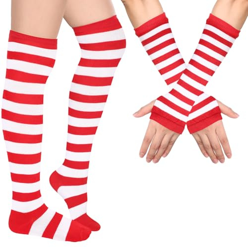 Blulu Calentadores de Brazos y Piernas Calcetines Medias hasta Rodilla a Rayas Guantes sin Dedos para Mujer (Rojo Oscuro y Blanco)