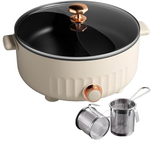 ARTSIM Appareil A Fondue, 6 litres, 1350 Watts, 30cm De DiamèTre Fondue Chinoise Electrique Convient Aux Petites FêTes (avec 2 Filets Non éTanches),White