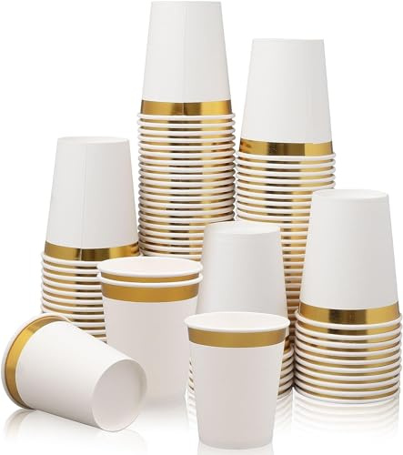 100 Pack Gold Rimmed Paper Cups, 9oz Disposable Papers Cup Bulk, Cold and Hot Drink Paper Cups for Tea Coffee Water Milk Juice Papers Cup Party Wedding Birthday Drinking Party Tableware Supplies