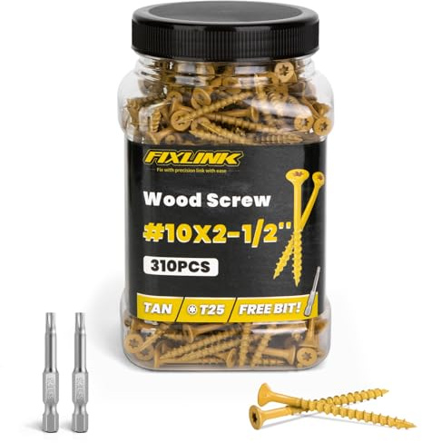Wood Screws 2-1/2 Inch, FIXLINK Deck Screws #10 x 2-1/2, 310pcs, Epoxy Coated, T25 Star Bit Above 1500 Hour Salt Spray Coating Outdoor Decking Screws Excellent Rust Resistant for Outdoor Wood Fence