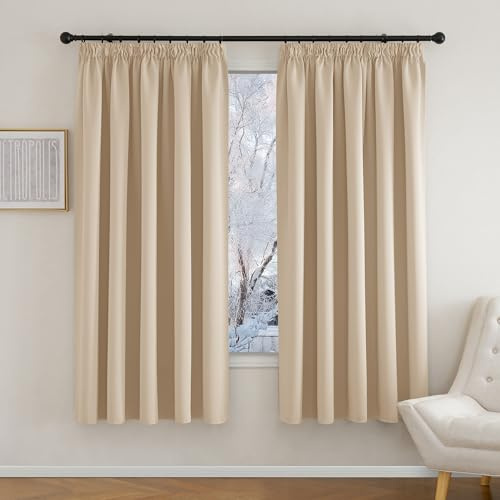 PONY DANCE Thermal Insulated Curtains for Living Room Pencil Pleat Beige Window Curtains 90x72 Inch Extra Wide Curtains for Room Darkening/Home Decoration, 2 PCs, W90 X L72, Biscotti Beige