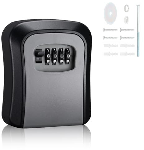SXCCNW Key Box, Key Lock Box, Key Safe Wall Mounted, Heavy Duty Waterproof Key Cabinet, Lock Box Outdoor with 4 Digit Combination for Home Office Garage Outdoor Indoor 21 x 9 cm Black Grey
