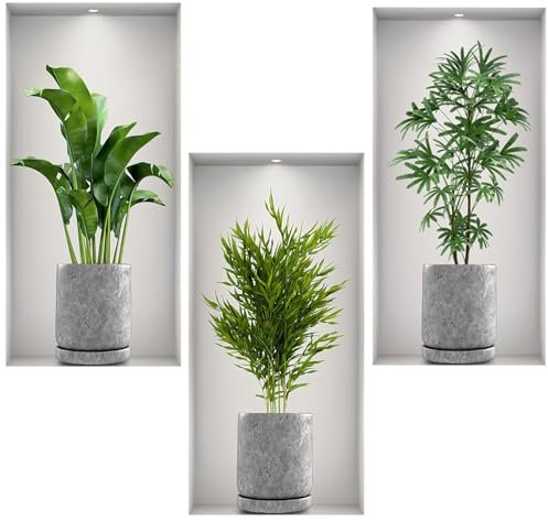 3D Wall Sticker Plants,3PCS Green Plants Wall Sticker Vases,Living Room 3D Wall Art Stickers,DIY Vinyl Wall Decals,Window View Scenery Plant Stickers for Bedroom Kitchen Wall Decor (23 * 45cm)