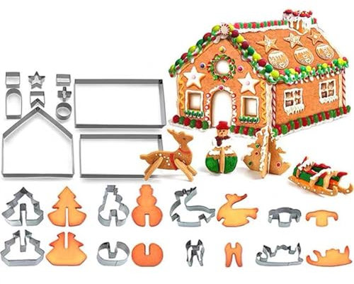 Honicemar Set di 18 Formine per Biscotti Natalizi in Acciaio Inossidabile Stampi da Forno 3D Strumenti di Cottura Fai-da-te, Casetta Pan di Zenzero Fiocco di Neve Babbo Natale e Altre Forme
