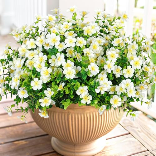 SOMYTING konstgjorda blommor utomhus, 12 buntar falska blommor (vit) | Konstgjorda växter utomhus UV-resistent, falsk plast grönska för trädgård veranda fönsterlåda hem bröllop bondgård dekor
