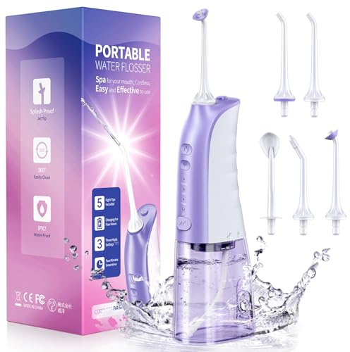 Demita Cordless Water Flosser for Teeth, 300ML 3 Modes 5 Jet Tips Portable Electric Flosser Pick for Adults, IPX7 Waterproof Oral Irrigator Dental Flosser Cleaning Kit for, Gums, Braces Care (Purple)