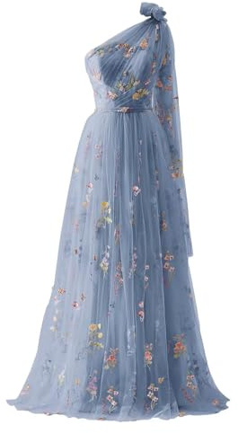 YIANN Robe de bal en tulle brodée de fleurs pour femmes, robes de soirée formelles à une épaule florale, Bleu poudré, 40