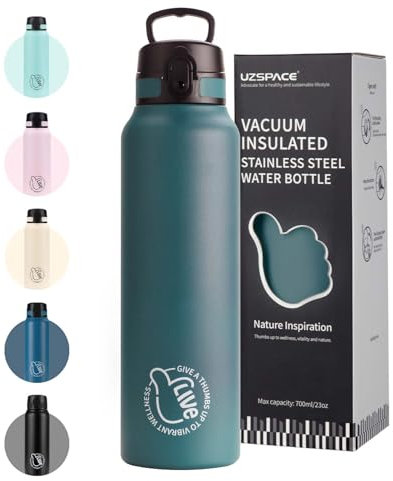 UZSPACE Gourde de sport en acier inoxydable 1 l (970 ml) isotherme à double paroi couvercle rabat ouverture une-main anti-fuite randonnée sport fitness gym entraînement