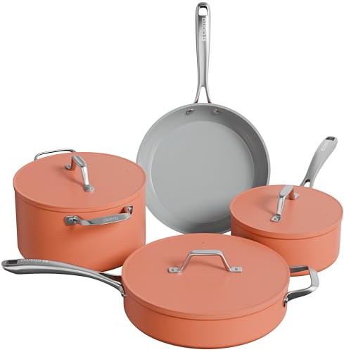 CIARRA Beyond Cookware Set Nonstick Induction Hob Pots and Pans Set with Lids with 24cm Dutch Oven, 26cm Frying Pan, 28cm Saute Pan, 20cm Saucepan,Orange
