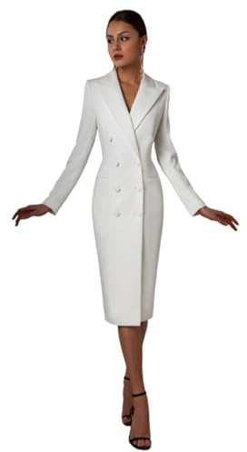 Cdkoke Women's Double Breasted Blazer Dress Peak Lapel Long Coat Teacher Office Work Suit Jacket Outfits White