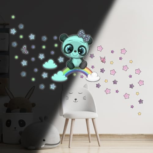Ambiance Sticker Phosphorescent Lumineux Autocollant Mural Plafond Enfant Fluorescent Panda sur Arc-en-Ciel - H40 x L40 cm