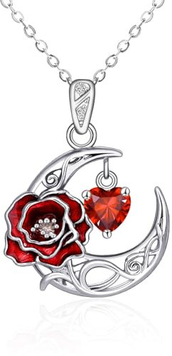 Qings Januar Granat Geburtsstein Halskette Sterling Silber 925 Mond Anhänger Halskette con Nelke Geburt Blume 12 Monat Geburt Stein Geburtstag Jahrestag Geschenke für Damen