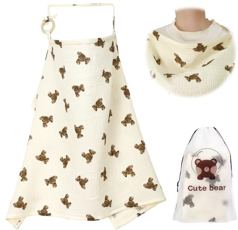 GSrenyu Breastfeeding Cover,Breathable Baby Nursing Cover Cotton Baby Breastfeeding Poncho with Adjustable Strap for Moms in Public(Bear)