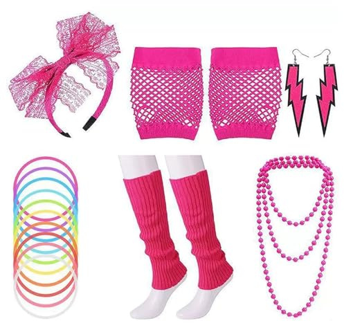 GIEEU 8Pcs accessoires de mode des années 80 - néon costumes de fête pour femme with Lightning Earrings, Necklace, Fishnet Gloves & Headband for Retro Parties, Halloween, Cosplay & Themed Events