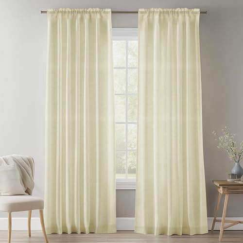 NAKIHOUSE Natural Ivory Linen Voile Curtain, 96 Drop Net Curtains Light Filtering Window Treatment Sheer & Drapes Slot Top Linen Sheer Curtains for Bedroom/Nursery Room 52 x 96, 2 Panels