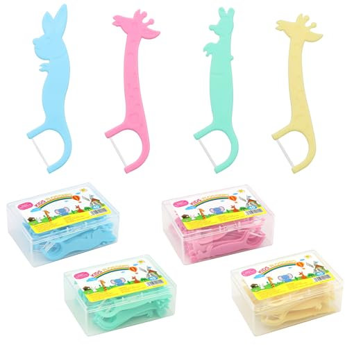 Scettar 160 Pezzi Filo Interdentale per Bambini,BPA-Free Filo Interdentale Piatto, Forme di animali Maniglia Antiscivolo, per Pulisci i denti e rimuovi i residui di cibo, 4 Scatole da 40 Pezzi