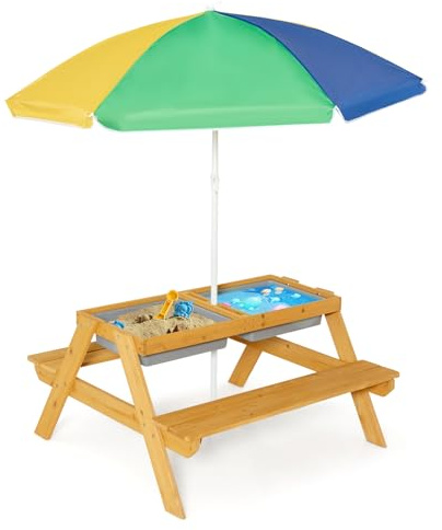 GOPLUS Table Enfant avec Banc et Parasol, 3 en 1 Banc Convertible avec Plateau Amovible et 2 Boîtes de Rangement, Table d’Activité en Bois pour Extérieur, Jardin (Multicolore)