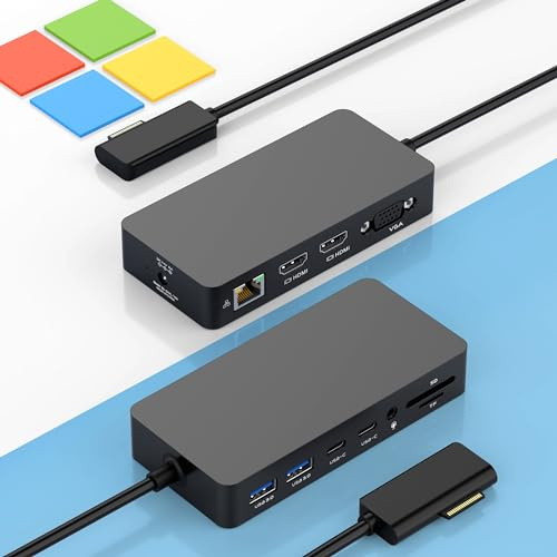 Neues Microsoft Surface Dock mit drei Displays, Dual HDMI+VGA mit Netzteil, 12-in-1-Surface-Dockingstation für Microsoft Surface Pro 11/10/9/8/X/7/6/5/4/3, Surface Laptop 7/6/5/4/3/2/1,Surface Book Go