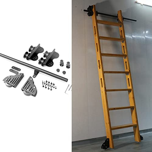Binario scorrevole retrattile per librerie, kit da 1 m con ruote a rulli da pavimento + binario di prolunga (senza scala) - Tubo rotondo per scale/binario (dimensioni: 600 cm)