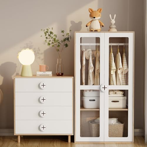 Aunvla Armadio combinato, armadio + cassettiera, set di mobili per camera da letto, comodino, pannelli verniciati ecologici + truciolato, bianco
