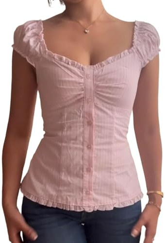 Women Y2K Ruffle Blouse Shirt Short Puff Sleeve Lace Trim Fairy Grunge Babydoll Crop Top Aesthetic Going Out Top