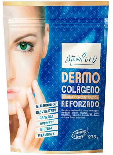 Colageno Marino Hidrolizado con Ácido Hialurónico y Vitamina C - Colageno para la Piel Mujer - 5g Péptidos Peptan, Resveratrol, Granada y Ovomet | Formato Polvo Doypack, 275g | Dermo Estado Puro