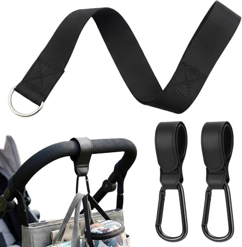 Ganchos Carro Bebé, 2 PCS Colgador Bolso Carrito Bebe y 1 Correa de Seguridad para Muñeca, Accesorios Carrito Bebé de Cuero PU, Gancho Carrito Bebé Universal para Bolsas y Mochilas, Negro