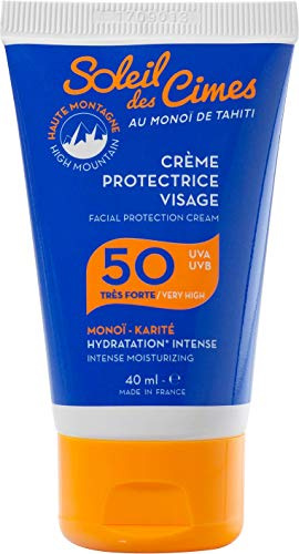 SOLEIL DES CIMES | Crème Solaire Protectrice Visage SPF50 - pour le Ski, les Sports d'Hiver et la Montagne - au Monoï de Tahiti et au Karité - Haute Protection et hydratation - Format voyage 40 ml