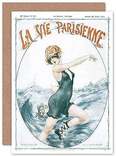 Artery8 La Vie Parisienne krabbbett simning tidning omslag förseglat gratulationskort plus kuvert tom insida