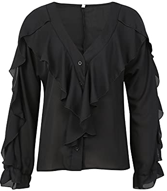 Geagodelia Camicia da Donna in Chiffon con Volant Abbottonata Camicetta Primaverile Autunnale Elegante a Maniche Lunghe Scollo a V Blusa Casual (Nero, M)