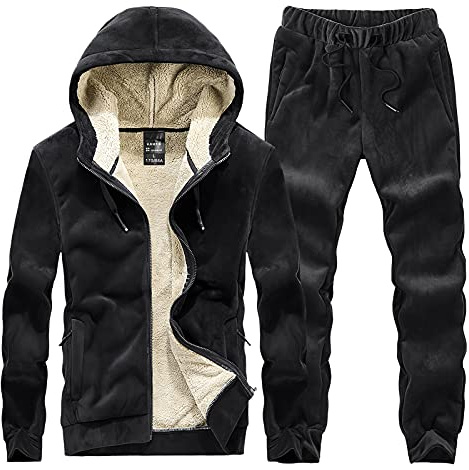 amropi Tuta da Uomo Vello Foderato Cappotto con Cappuccio e Pantaloni Inverno Caldo Jogging Tute Nero,4XL