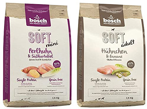 bosch HPC SOFT Mini Perlhuhn & Süßkartoffel | halbfeuchtes Hundefutter für ausgewachsene Hunde kleiner Rassen | 1 x 2.5 kg & HPC SOFT Hühnchen & Banane | 1 x 2.5 kg