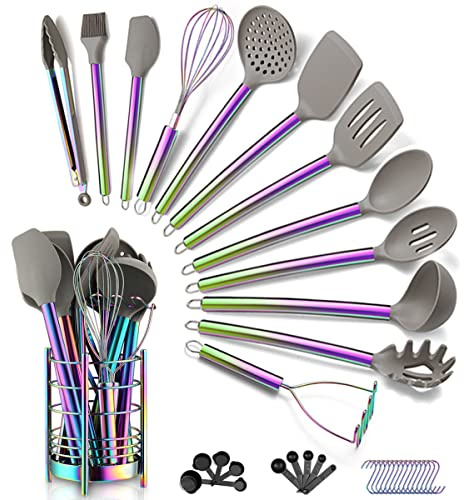 38 Piece Silicone kitchen Cooking Utensils Set with Utensil Crocks, Silicone Head and Stainless Steel Handle Cookware, Kitchen Tools for Utensil Set, Non-Stick kitchen Gadgets,Dishwasher Safe(Rainbow)