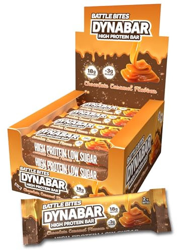 Battle Bites Dynabar High Protein Bars 12 x 60g - Chocolate Caramel Flavour - Low in Sugar, Free from Preservatives, Non-GMO, Suitable for Vegetarians - 18g protein + 243 calories per bar - Made in UK