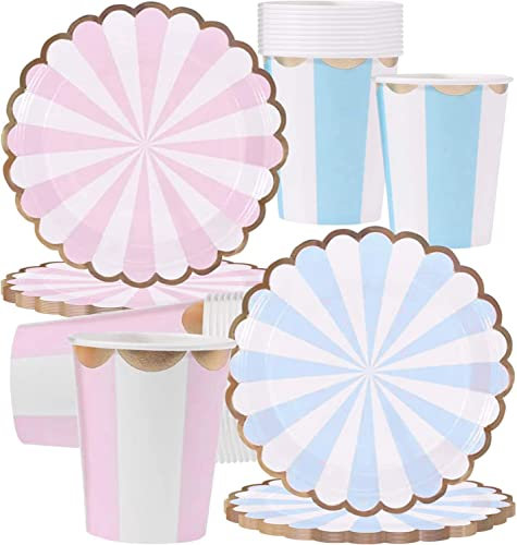 inheming Vaisselle Jetable Anniversaire Fille,Lot de 40 Assiettes et Tasses Jetables Couleur Pastel, Assiettes de Fête en Carton Jetable Rose et Bleu ø 18 cm, pour Anniversaire, Baby Shower