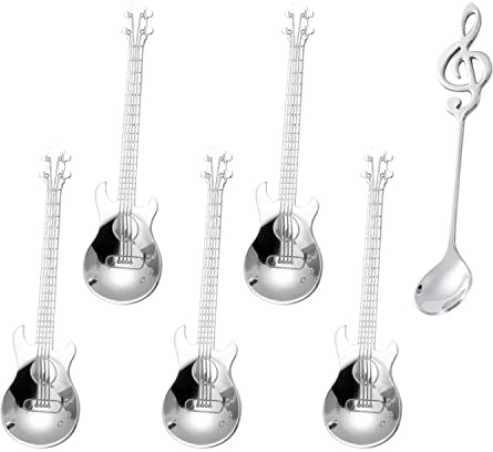 5 Cucharas de Café de Guitarra y 1 de Notas Musicales, Interesante Regalo de Decoración Musical, Postre de Acero Inoxidable para Café Con Leche (Plata)
