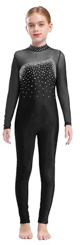 JEATHA Maillot de Danza Ballet para Niña Manga Larga con Pedrería Brillante Leotardo Gimnasia Rítmica Patinaje Elástico Mono de Deportivo Fitness Yoga