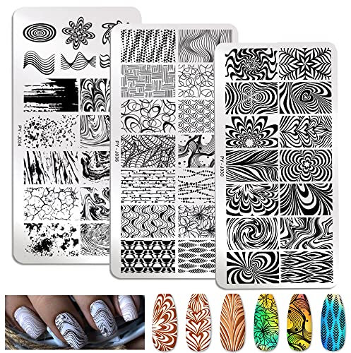 MWOOT 3 Piezas Nail Art Stamping Plates, Rayas de Mármol Plantillas Uñas Decoracion, Placas de Uñas con patrón Geometry Lines, Juego Placas Estampacion Uñas para Salón Casa